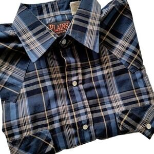 Plains Western Wear Snap Shirt Size M Short Sleeve Plaid Blue Cowboy